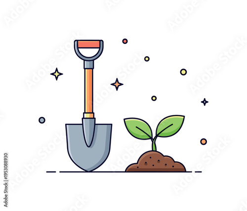 Planting season activity gardener?s shovel placed beside a young sprout emerging from the soil. A hopeful micro scene highlighting care, patience and new life