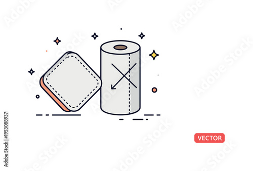 Reusable kitchen cloth alternative shown as a folded fabric square beside a faint crossed-out paper towel roll, expressing a shift toward zero waste cleaning