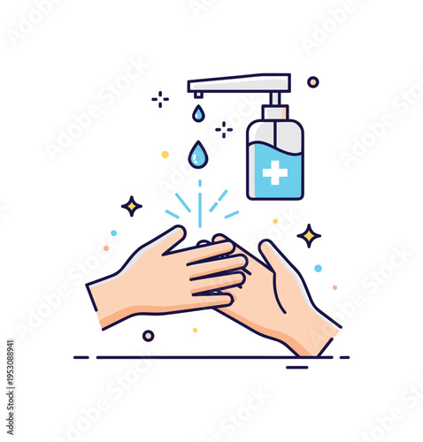 Hand sanitizing procedure featuring two clean hands under a sanitizer dispenser with small droplet and sparkle accents to represent germ control and infection