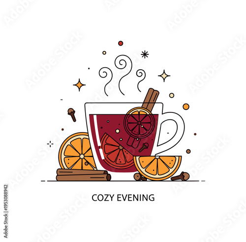 Hot mulled wine in a glass cup surrounded by orange slices and cloves expressing seasonal gatherings and holiday cheer. Gentle steam curls and tiny sparkle