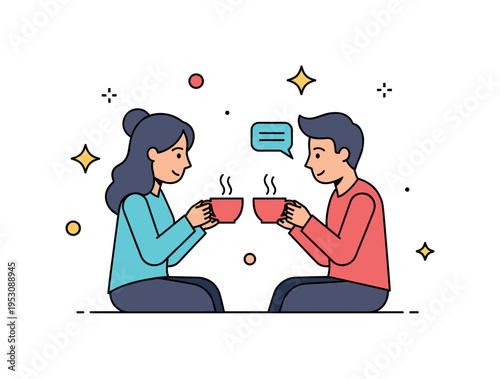 Couple sitting across from each other with gentle expressions, sharing a cup of tea while opening dialogue, illustrating healing, empathy, and repairing