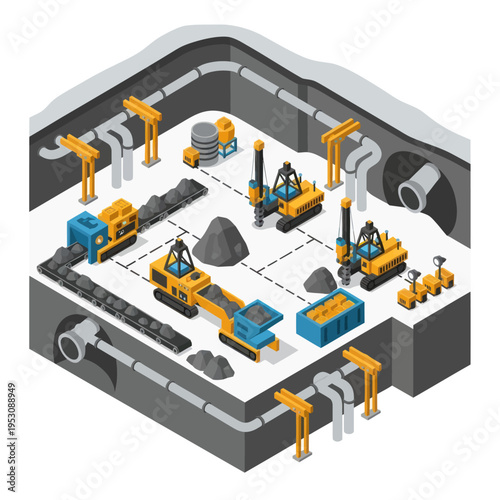 Isometric Mining Operation - Underground Extraction and Processing Illustration.