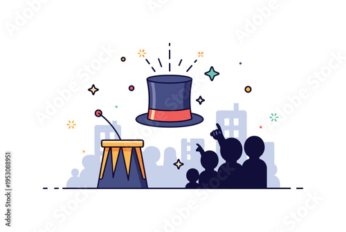 Magician street show featuring a top hat with small spark accents and a curious crowd silhouette element, expressing wonder and surprise in an open urban
