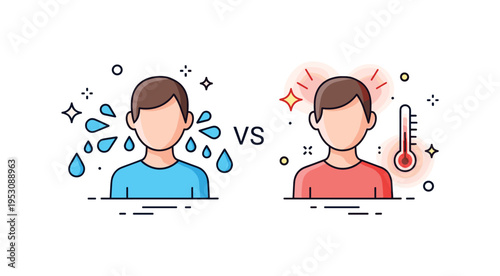 Cooling and warming contrast scene combining two mirrored human figures, one with blue cooling droplets and the other with warm red glow accents, visually