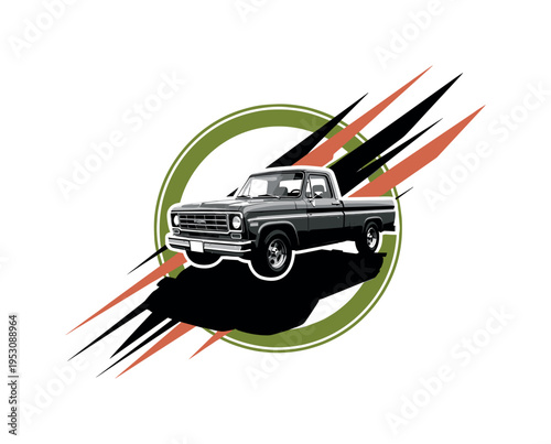 A realistic monochrome pickup truck with exaggerated shadow beneath, bold circular halo behind emphasizing strength, sharp diagonal lines cutting across to