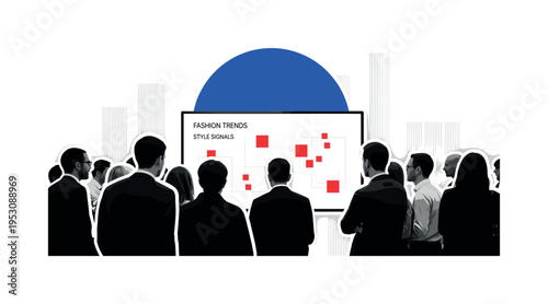 Realistic monochrome group gathered around a digital screen showcasing upcoming fashion trends, highlighted by a blue semicircle above and small red square