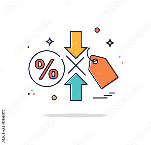 Inflation and interest rate impact simple percentage symbol placed beside a downward and upward arrow intersecting a price tag icon. A concise editorial