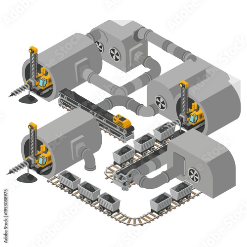 Isometric Coal Mining Factory with Trains and Machinery Illustration.