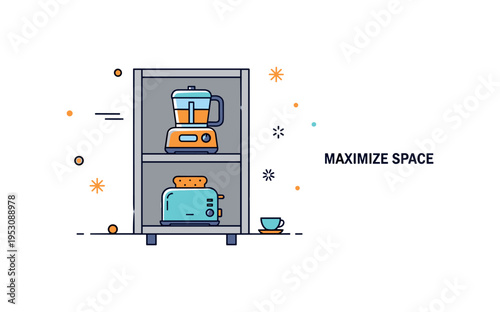 Space saving kitchen storage illustration featuring a deep cabinet with stacked shelves neatly holding a food processor and toaster, symbolizing vertical