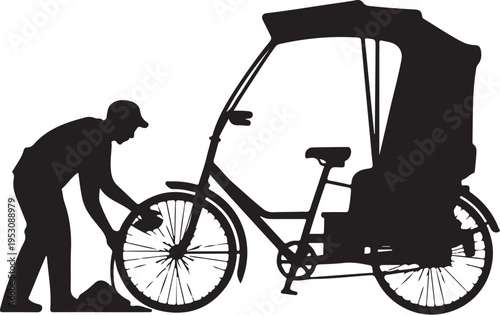 Man in cap fixing wheel of covered tricycle