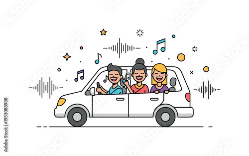 Laughing friends singing along to music while carpooling, with colorful sound waves and playful decorations around, emphasizing fun and lively