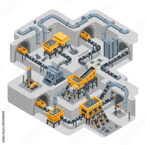 Isometric Mining Facility Illustration - Conveyor Belts and Processing Equipment.