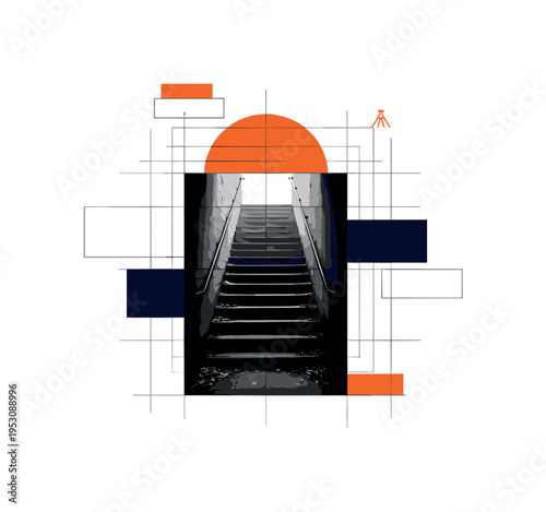 Black and white abandoned staircase descending into underground space, bright orange semicircle framing the upper opening like fading daylight, intersecting