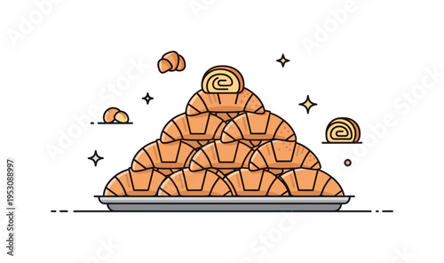 French pastry counter freshly baked croissants stacked in a tidy pyramid formation on a display tray, conveying abundance and craftsmanship. A compact badge