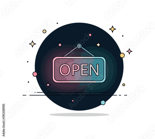 Neon sign inspired nightlife mood depicted by a bold open sign shape glowing softly against a dark circular backdrop, balanced with small sparkle accents. The