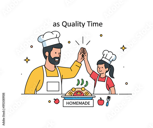 Cooking as quality time illustrated by a parent and child high fiving over a finished dish labeled Homemade, expressing pride and emotional connection. Gentle