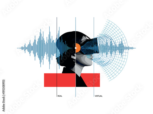 Black and white profile of a learner wearing VR headset with abstract blue soundwave and grid patterns radiating outward, red rectangular block anchoring lower