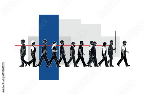 Black and white workers marching in a picket line with placards, bold deep blue vertical rectangle anchoring composition like structural barrier, thin red