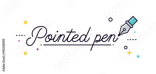 Pointed pen lettering concept illustrated by a graceful handwritten word with visible thick and thin stroke contrast, paired with a small metal nib icon to