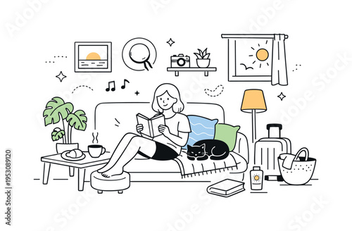 Holiday at home. A calm interior scene with simple decorations, plants, or cozy details suggesting a staycation. The mood is peaceful, slow, and comfortable.