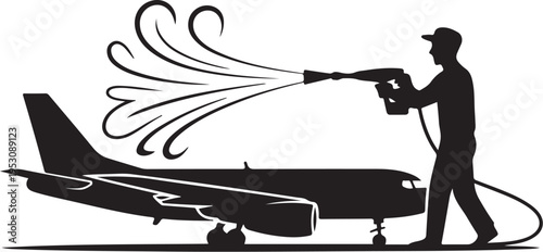 Man in silhouette spraying airplane with hose black 1