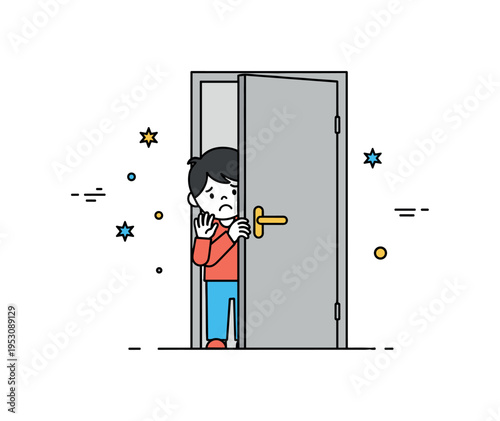 Child hiding behind a door with trembling hands and cautious expression, illustrating vulnerability, apprehension, and the emotional response of