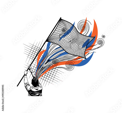 Black and white back view of a person holding a flag high above, swirling spiral forms and intersecting linear grids representing chaotic wind, vivid orange