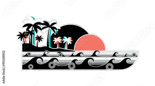 A monochrome tropical coastline with no human traces, palm trees stylized into flat geometric shapes, ocean depicted as layered horizontal bands and circular