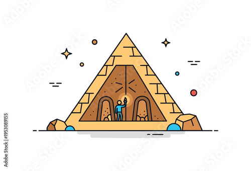 Ancient pyramid expedition concept featuring a simplified pyramid cross section with a tiny figure holding a torch inside, revealing hidden chambers. The clean