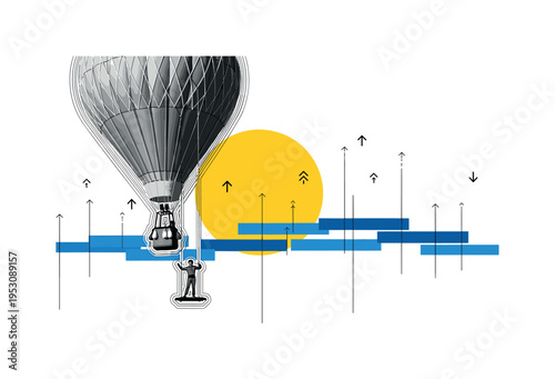 Black and white retro hot air balloon performer standing on suspended platform, bold yellow circle behind balloon envelope, blue rectangular blocks forming