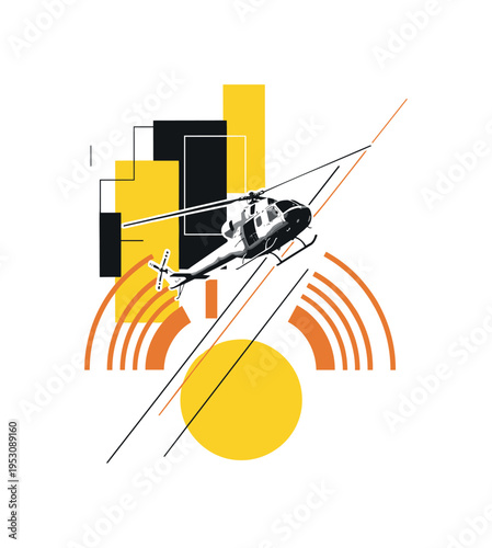 Black and white retro helicopter angled upward as if ascending, large yellow circle below implying rising sun, orange semi-circles echoing rotor arcs, thin