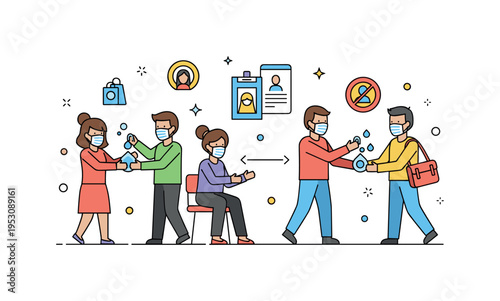 Community members practicing safety measures like mask-wearing, hand hygiene, and social distancing, reflecting adherence to public health policies and