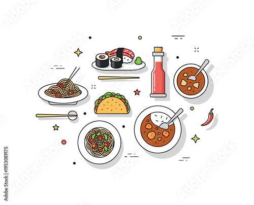 World cuisines showing a table with small plates of sushi, pasta, tacos, and curry, highlighting diversity, flavor, and cultural culinary traditions.