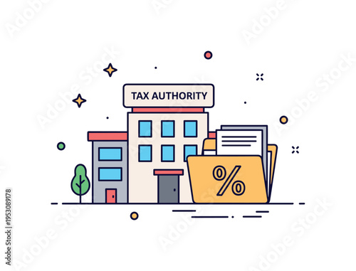 Tax authority department simple building with a percentage symbol and file folder placed beside it, representing fiscal management and revenue collection. A