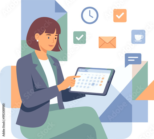 Woman sitting on couch checks calendar on tablet with office icons floating around her