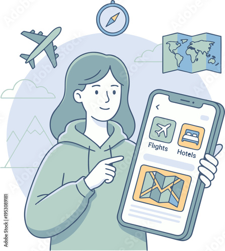 Woman holding smartphone with travel app searching flights and hotels