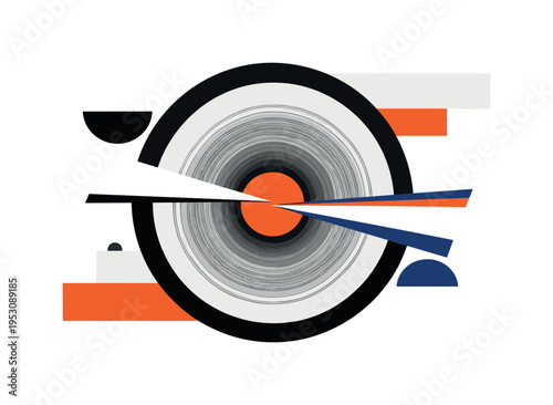 Black and white book viewed from above with pages forming a spiral portal shape, bright orange circle intersecting the spiral center, thin diagonal navy stripe