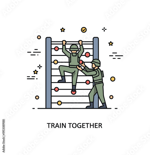 Tactical field training concept centered on a simple obstacle wall with one soldier climbing while another offers support below. A compact ?Train Together?