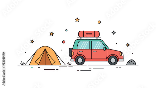 Adventure road trip camping concept centered on a small car with roof rack parked beside a tent, highlighting mobility and spontaneous outdoor plans. The scene