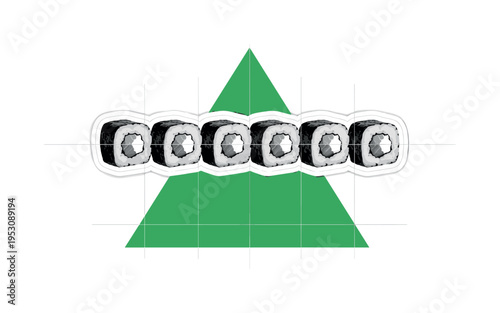 Black and white sushi rolls arranged in neat row, oversized green triangle beneath forming fresh foundation, thin grid lines referencing precision and plating