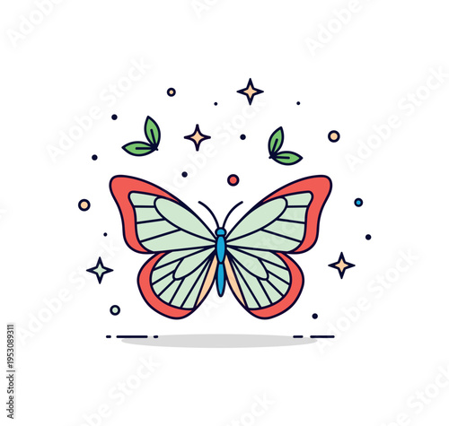 Butterflies macro perspective centered on a butterfly with open symmetrical wings, accented by a few small leaves and spark-like decorative dots to suggest