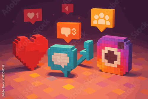 Pixelated social media icons for likes, comments, and followers in a vibrant 3D render