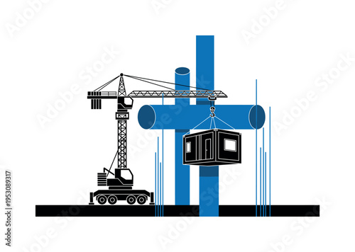 Black and white crane lifting modular housing unit into place, intersected by blue cylindrical shapes and thin vertical lines suggesting construction