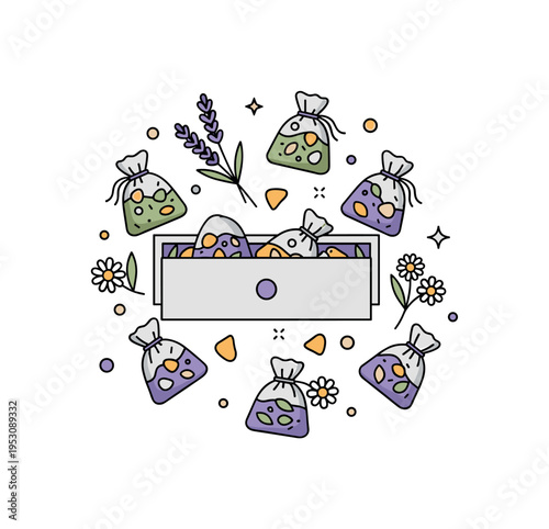 Handmade herbal sachets scattered around a small open drawer, mixing calming herbs like lavender and chamomile, creating an inviting, fragrant, and peaceful