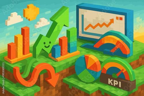 Pixelated business growth chart with smiling arrow and KPI dashboard elements
