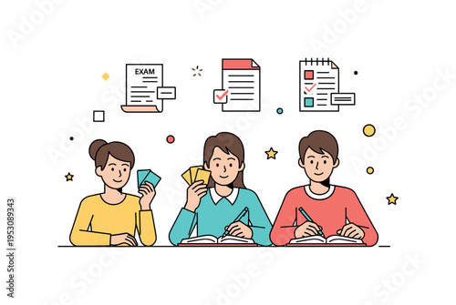 Exam preparation teamwork highlighting students reviewing flashcards and writing notes together at a shared desk. Minimal paper sheet icons and