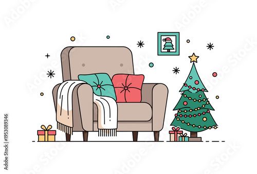 Cozy holiday home decor for winter warm armchair with soft blanket draped over the side and a small decorated pine tree glowing gently nearby. A compact