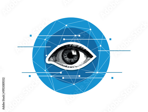 Black and white human eye centered as symbol of surveillance awareness, bold blue geometric circle behind it representing digital network, thin horizontal