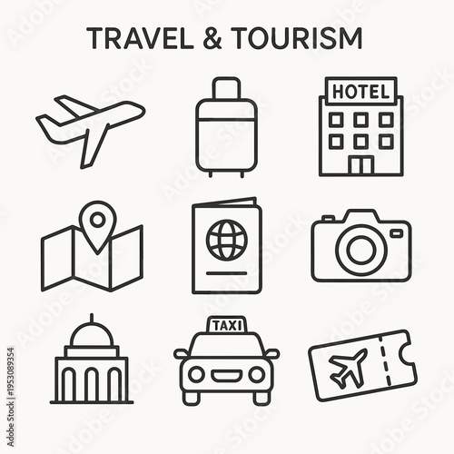 Travel and tourism icons including airplane, hotel, passport, map, and taxi