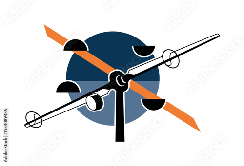 Black and white minimal silhouette of a large art encyclopedia standing upright, concentric circles subtly radiating from its center, vivid red and cobalt blue